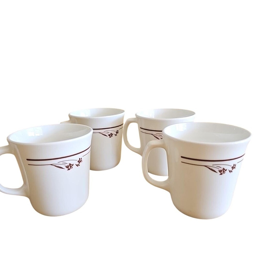 Corning USA Vintage White Brown Floral Vine‎ Coffee Mugs Set of 4 Microwave Safe